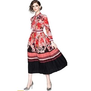 Women's 3/4 Sleeve Floral Print A-line Midi Dress